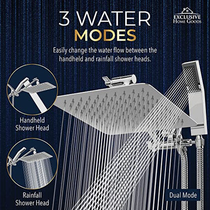 All Metal Shower Head 8" Dual Square Shower Head With Handheld Wand 71in Hose Set, High Pressure Rain Shower Heads Combo, 3-Way Diverter Rainfall Showerhead with Adjustable Extension Arm - color: Deluxe Chrome, size: 8 Inches, 2.5 GPM