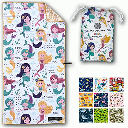 Microfiber Kids Toddler Beach Towel, Quick Dry, Sand Free, 60x30 | Pool towel, ultra-soft, girls and boys, travel pouch, camping travel vacation, toallas playas - color: Mermaids