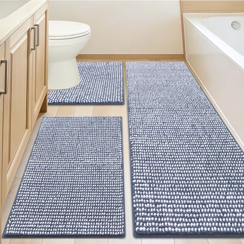 3 Piece Luxury Chenille Bathroom Rugs Non Slip, Extra Soft Absorbent Striped Bath Mats for Bathroom, Machine Washable Quick Dry Shower Floor Rug, Home Decor Accessories, Blue & White - color: Blue & White, size: 24" x17" + 48" x20" + U Shape 24" x20"