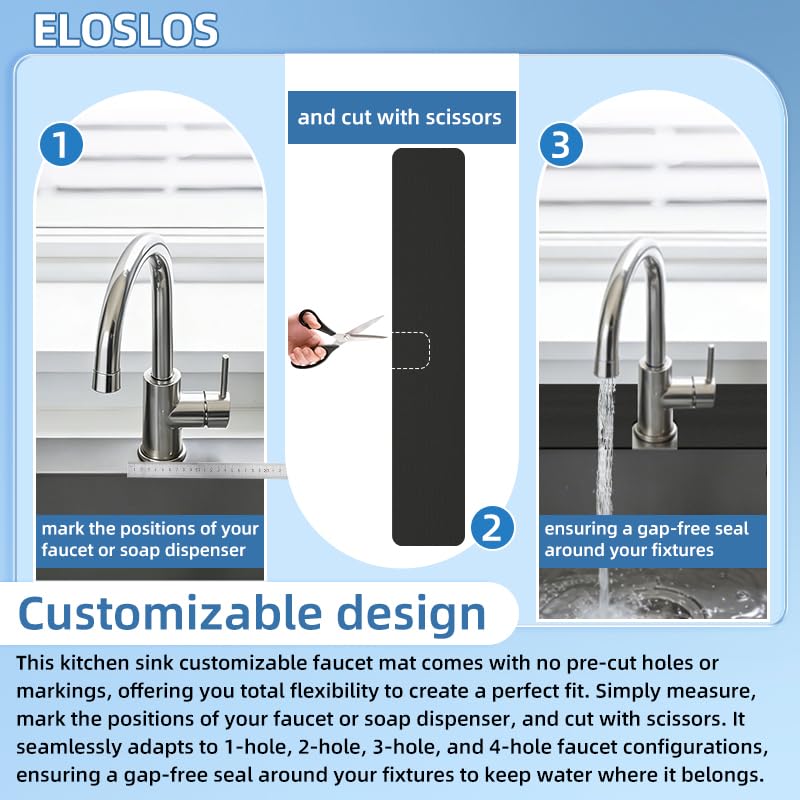 2PCS 30″x5.5″ Customizable Sink Faucet Mat 2&3 Hole Kitchen Sinks, Black | DIY Cut for Oval/Rectangle/Square Faucets, Extra Long Coverage, For Splashes & Drips - style: 2 Pcs Black