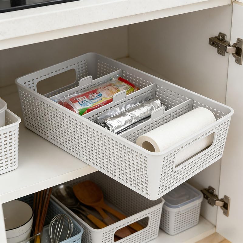 3 Compartment Stackable Bin with Adjustable Dividers, Stackable Storage Bin & Compartment Tray for Kitchen, Bathroom Vanity, Office Desk Supplies, and Bedroom Accessories (White)