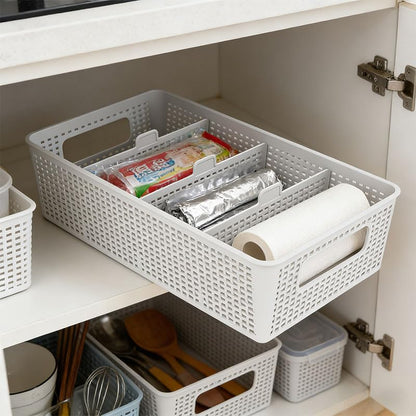 3 Compartment Stackable Bin with Adjustable Dividers, Stackable Storage Bin & Compartment Tray for Kitchen, Bathroom Vanity, Office Desk Supplies, and Bedroom Accessories (White)