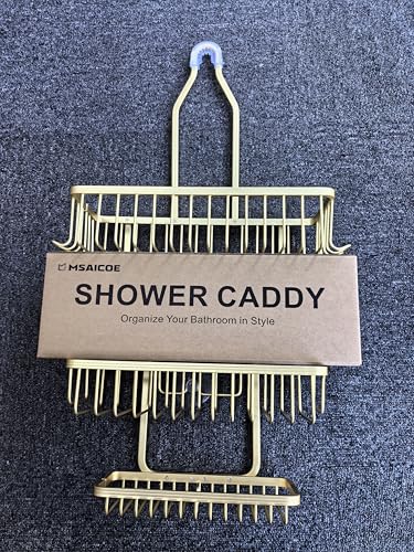 Shower Caddy Hanging - Never Rust Shower Hanging Organizer - Aluminum Over the ShowerHead Caddy with Soap Basket and 6 Razor/Sponge Hooks (Gold) - color: Gold