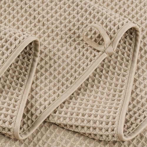 POLYTE 430 GSM Poly Blend Microfiber Quick Dry Waffle Bath Towel Set of 6 | 2-Body Towels, 2-Hand Towels, 2-Wash cloths, Oversize, Lint Free - color: Beige
