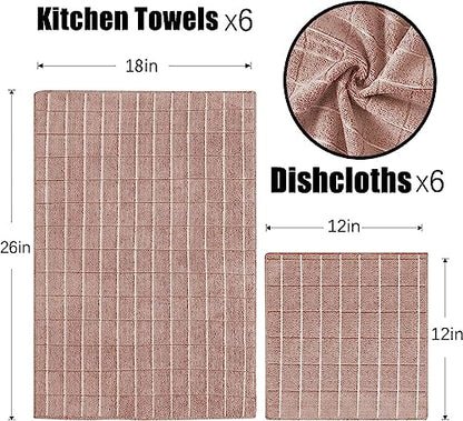 Puomue Microfiber Kitchen Towels and Dishcloths Set, 26 X 18 Inch and 12 X 12 Inch, Set of 12 Bulk Lint Free Dish Towels for Drying Dishes, Camel - color: Camel