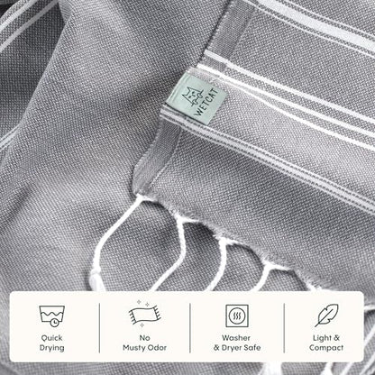 WETCAT Turkish Hand Towels with Hanging Loop, Set of 2 (20" x 30") 100% Turkish Cotton, Pre-Washed, Quick Drying, for Kitchen or Bathroom - Dark Gray - color: Dark Gray