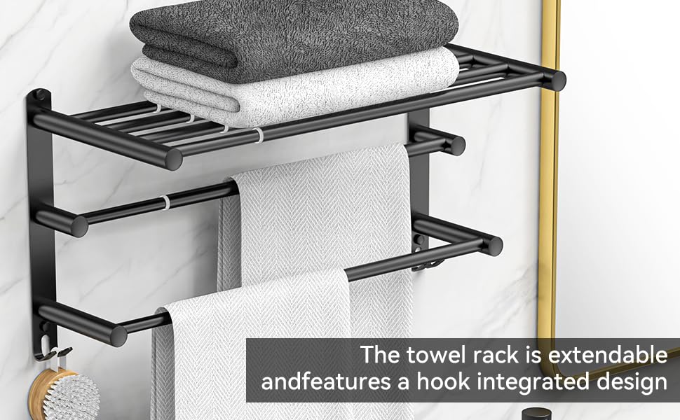 CAXIMSY Black Adjustable Towel Bar for Bathroom Wall Mount17-30.7inch Adhesive Shower Towel Rack Stainless Steel Bath Towel Holders for Toilet Kitchen Double Towel Hanger (Black 3-Layer Towel Rack)