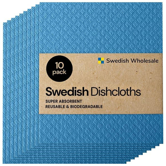 Swedish Wholesale Dishcloths Reusable 8" x 7" Sponge Cloths, Bulk 10 Pack of High Absorbent Cellulose Dish & Kitchen Cleaning Hand Towels, Wring to Dry & Machine Wash, Odor Resistant, Blue - color: Blue