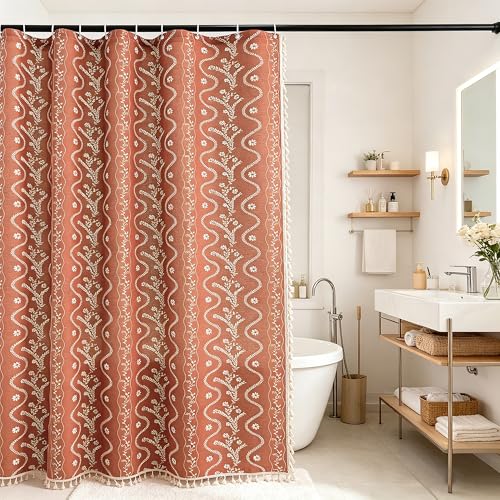 Vine with Terracotta Color Linen Shower Curtain Set and Liner,72x72 | Double Layer Shower Curtain Waterproof Fabric with Zippered Removable PEVA Liner,Boho Shower Curtain for Bathroom,Free Hooks - color: Brown Floral