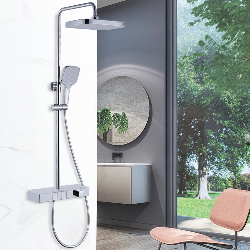 Thermostatic Dual Handle Shower System with Brass Construction Chrome Brushed Finish Ceramic Valve Core Rain Spray Shower Set