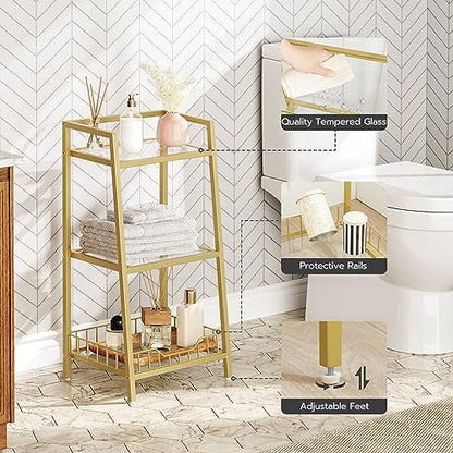 HOOBRO Gold Glass Shelf Stand, 3 Tier Standing Shelf Unit, Bathroom Organizer and Storage, Floor Storage Shelves Waterproof, for Bathroom, Laundry, Toilet, Tempered Glass, Gold GD77CJ01 - size: 15" L x 11.8" W x 30.3" H