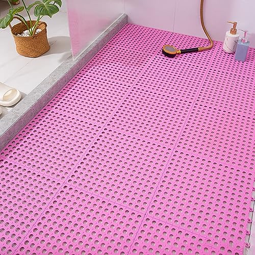 Tyenaza 10Pcs Bath Tub Shower Mat, Suction Cup Floor Mats Anti Slip Plastic Mosaic Bath Mat Tub Bathroom Mats for Kitchen Bathroom (Pink) - color: Pink