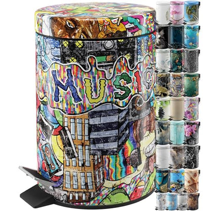 Sanilo Small Bathroom Trash Can with Lid [1.3 Gallon] - Lidded Tiny Trashcan for Garbage - Mini Metal Bin with Soft Closing Mechanism - Bath Room Accessoire Wastebin with Inner Bucket (Graffiti) - color: Graffiti
