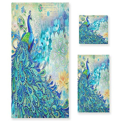 ALAZA Towels Set of 3 Peacock Hand Towel Bath Towel Washcloth Soft Thin Face Guest Towel Kitchen Tea Dish Towels Bathroom Decorations Housewarming Gifts - color: Multi07