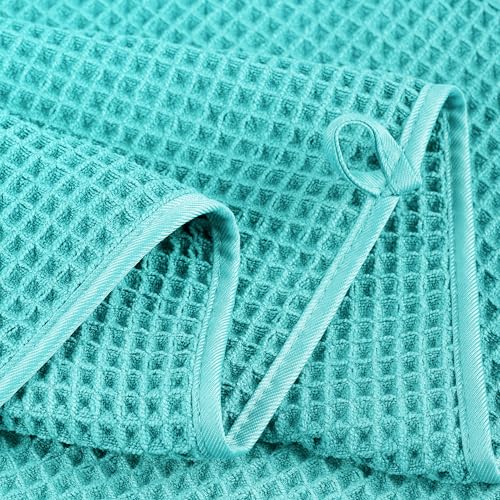 POLYTE 430 GSM Poly Blend Microfiber Quick Dry Waffle Bath Towel Set of 6 | 2-Body Towels, 2-Hand Towels, 2-Wash cloths, Oversize, Lint Free - color: Aqua