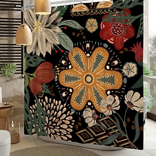 Boho Floral Shower Curtain Abstract Mid Century Tropical Leaves Colorful Bohemian Flowers Shower Curtains for Chic Elegant Bathroom Decorations Curtain Waterproof Fabric 60x72 inch - color: Black Yellow, size: 60"W x 72"L (Pack of 1)