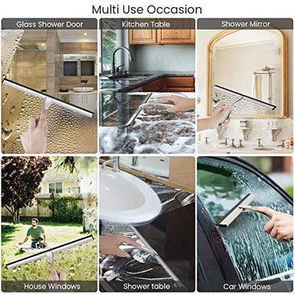 Shower Squeegee with Self Adhesive Hook, 10 Inches Stainless Steel Squeegee Cleaner, All-Purpose Window Scraper for Bathroom Doors, Mirror, Windows and Car Glass (10 Inch, Silver)