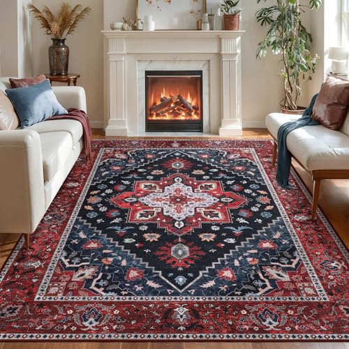 Ciicool 8X10 Area Rugs for Living Room,Washable Large Oriental Non-Slip Carpet for Bedroom Dining Room,Boho Thin Throw Rug for Kitchen - color: Dark Blue/Red, size: 8' X 10' (Rectangular)
