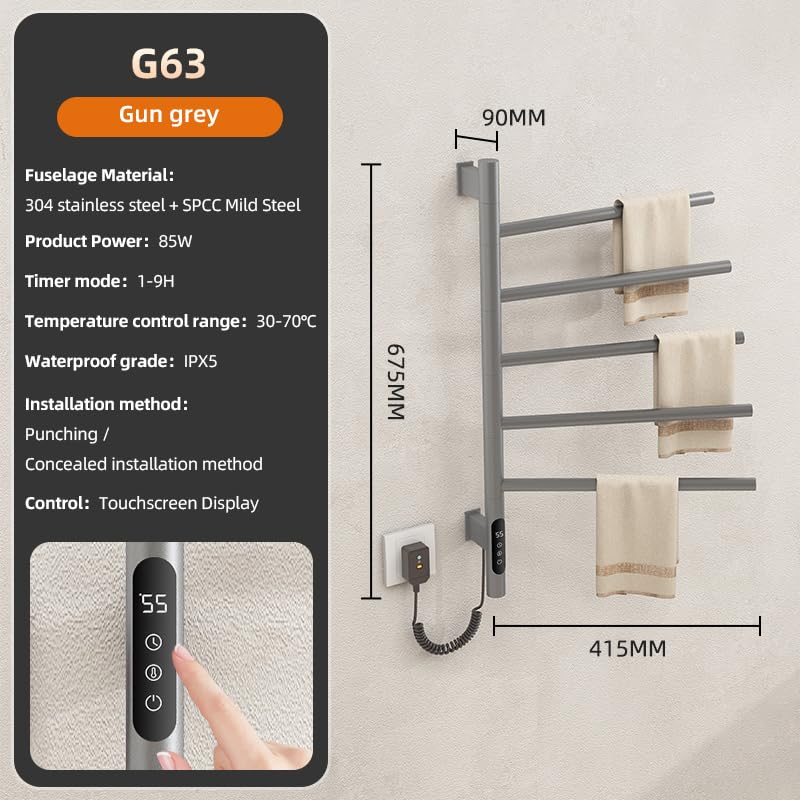 Electric Heated Towel Rack, 5-Bar Rotating Design, Wall-Mounted, Black, Touch Panel Control with Timer, Hardwired or Plug-in 110V (Grey)