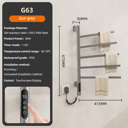 Electric Heated Towel Rack, 5-Bar Rotating Design, Wall-Mounted, Black, Touch Panel Control with Timer, Hardwired or Plug-in 110V (Grey)