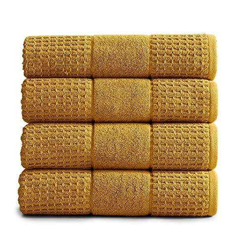 Market & Place 100% Cotton Super Soft Luxury Bath Towel Set | Quick-Dry and Highly Absorbent | Waffle Textured | 550 GSM | Includes 4 Bath Towels | Harper Collection (Mustard Yellow) - color: Mustard Yellow, size: Bath Towel (4-Pack)