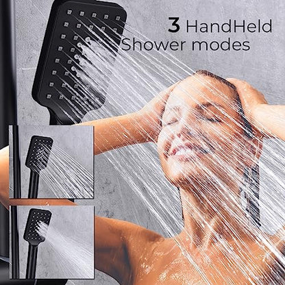 Thermostatic Outdoor Shower Fixtures System SUS304 Matte Black,Wall Mount Triple Function, with Adjustable Hand Sprayer and Tub Spout 8 inches Rainfall Shower Faucet, Square-Shaped,Bathroom