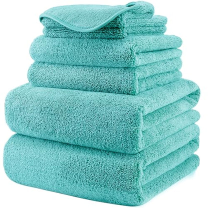 POLYTE 410 GSM Poly Blend Microfiber Quick Dry Bath Towel Set of 6 Pieces | 2-Body Towels, 2-Hand Towels, 2-Wash cloths, Oversize, Lint Free - color: Aqua