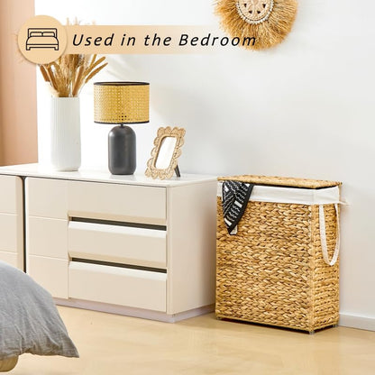 Handwoven Slim Laundry Hamper with Lid, Narrow Wicker Laundry Basket, Natural Water Hyacinth Basket and Handleswith Removable Liner Bag & 2 Mesh Bags (Natural with Lid, 75L) - color: Hyacinth with Lid, size: 75L