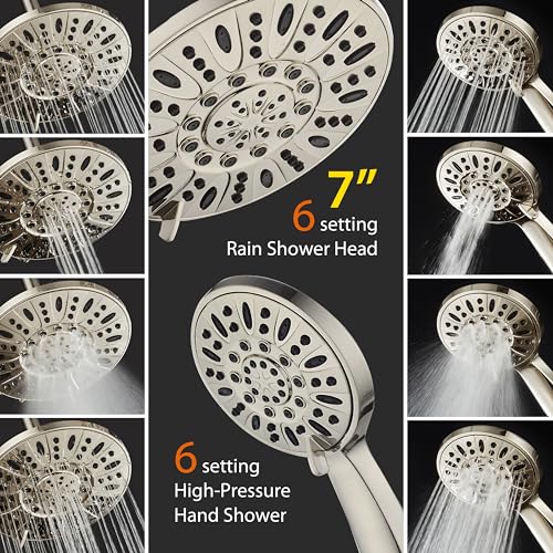 AquaDance 7" Premium High Pressure 3-way Rain & Handheld Shower Head Combo | Enjoy Dual 6-Setting Luxury Shower Heads Separately or Together for the Best of Both Worlds! Stainless Steel Hose - Nickel - color: Brushed Nickel, style: 1.8 Gallons Per Minute