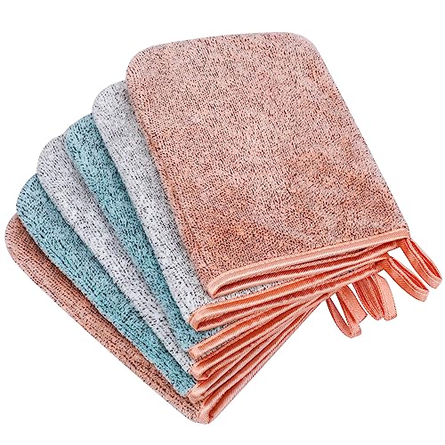 PHOGARY 6 Pack Microfiber Body Wash Mitts, 6×8 Inch Super Absorbent & Soft Face Mitten, Coral Fleece Bath Spa Cloth, Reusable Makeup Remover Mitt Gloves, 3 Colors