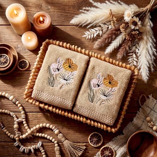 SmoothNovelty 2 Pcs Neutral Boho Floral Hand Towels Light Khaki Bathroom Decor 14x29 Inch Embroidered 100% Cotton Soft Absorbent Spring Summer Decorative Hand Towels for Bathroom Kitchen - style: Neutral Boho Floral