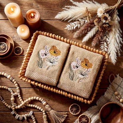 SmoothNovelty 2 Pcs Neutral Boho Floral Hand Towels Light Khaki Bathroom Decor 14x29 Inch Embroidered 100% Cotton Soft Absorbent Spring Summer Decorative Hand Towels for Bathroom Kitchen - style: Neutral Boho Floral