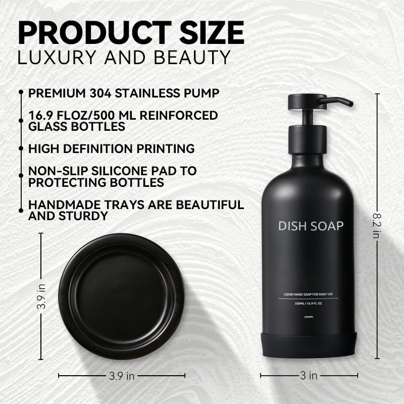 Glass Soap Dispenser Bathroom Set by Janxin, Foaming Kitchen soap Dispenser with Ceramic Tray for Dish Soap, Liquid Soap Dispenser for Hand Soap, Lotion, Body Wash (Black) - color: Black D