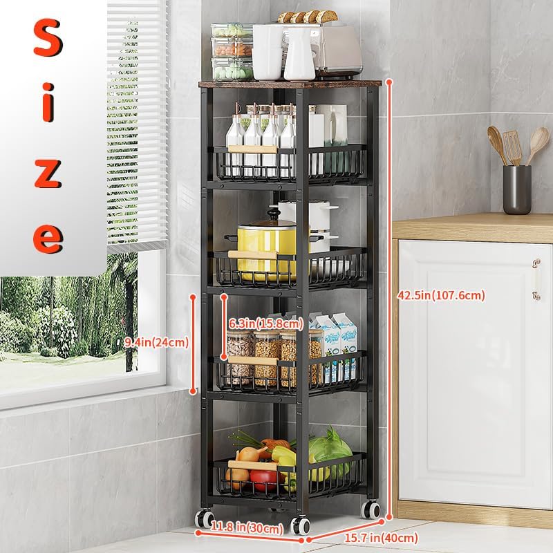 Metal Wire Baskets with Wheels, Stackable Storage Bins Kitchen Organizer Shelf, Multi Layer Fruit Vegetable Cart Dishes Seasonal Rack Freestanding with Pull Out Slide Drawer - size: 5 Tier with Slide Drawer