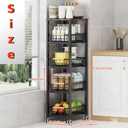 Metal Wire Baskets with Wheels, Stackable Storage Bins Kitchen Organizer Shelf, Multi Layer Fruit Vegetable Cart Dishes Seasonal Rack Freestanding with Pull Out Slide Drawer - size: 5 Tier with Slide Drawer