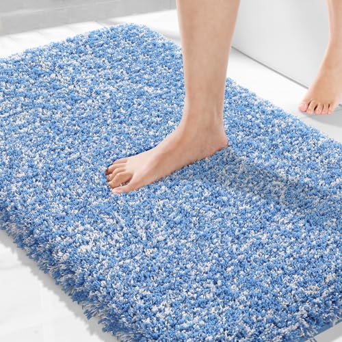 Yimobra Bathroom Rugs Non Slip Washable 36X24, Ultra Soft and Water Absorbent Bath Mats, Plush Fluffy Shower Mat Outside, Luxury Microfiber Thick Matts for Bathroom Floor/Tub, Blue and White - color: Blue and White, size: 36" X 24"
