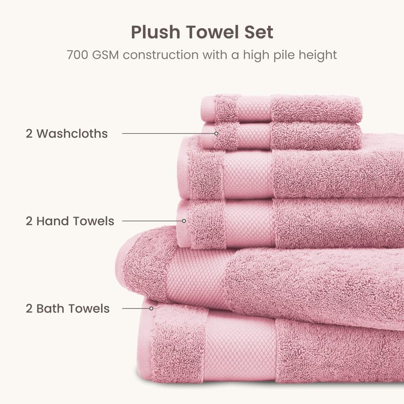 BIOWEAVES 100% Organic Cotton Bath Towel Set | 700 GSM Plush 6-Piece Premium Towel Set GOTS Certified, 2 Bath Towels, 2 Hand Towels & 2 Washcloths - Dusty Pink - color: Dusty Pink, size: 6 Pc Towel Set