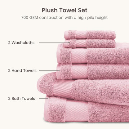 BIOWEAVES 100% Organic Cotton Bath Towel Set | 700 GSM Plush 6-Piece Premium Towel Set GOTS Certified, 2 Bath Towels, 2 Hand Towels & 2 Washcloths - Dusty Pink - color: Dusty Pink, size: 6 Pc Towel Set