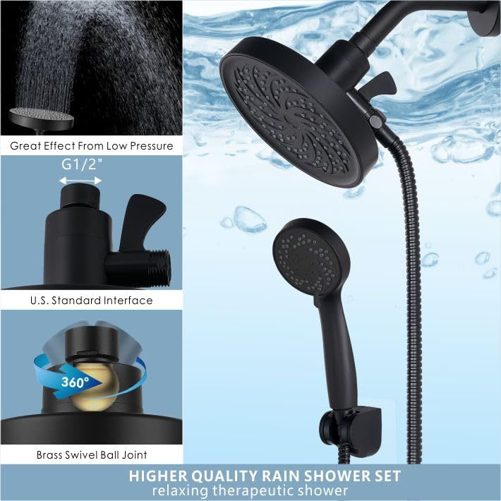 Rain Shower Head with Handheld, High Pressure Rainfall Showerhead and 3 Settings Hand held Spray Combo with Detachable Hose (Black) - color: Matte Black