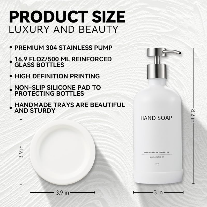 Glass Soap Dispenser Bathroom Set by Janxin, Foaming Kitchen soap Dispenser with Ceramic Tray for Dish Soap, Liquid Soap Dispenser for Hand Soap, Lotion, Body Wash (White+Silver) - color: White Silver H