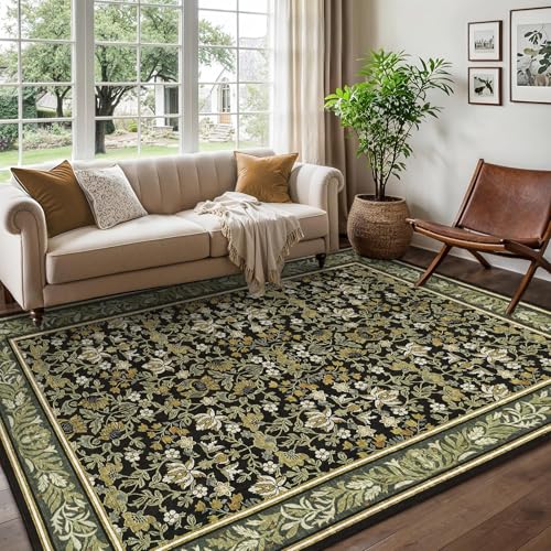 GarveeHome 6x9 Area Rugs Washable Rugs for Living Room, Boho Vintage Rug Non Slip Low Pile Stain Resistance Indoor Soft Large Carpet for Bedroom Dining Room Office Green Black - color: Green Black, size: 6' x 9' (Rectangular)