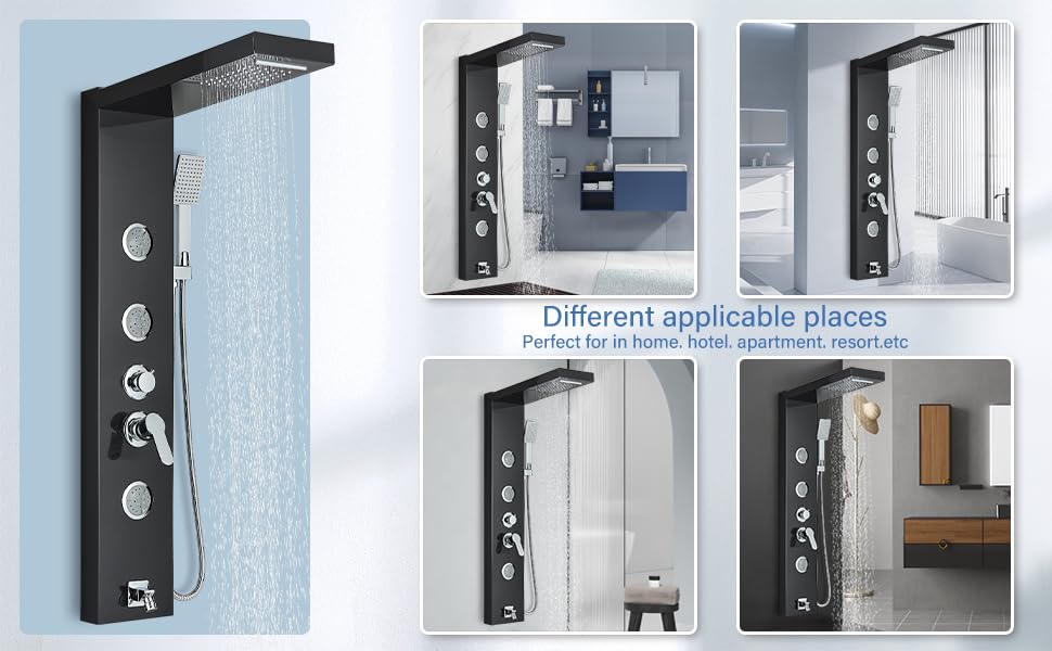 AlenArt Shower Panel Tower System, Multi Function Shower System with Body Jets, Handheld Sprayer, Rainfall Waterfall Shower Head and Tub Spout Stainless Steel Wall Mount Shower Panels Black - color: Black