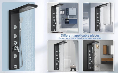 AlenArt Shower Panel Tower System, Multi Function Shower System with Body Jets, Handheld Sprayer, Rainfall Waterfall Shower Head and Tub Spout Stainless Steel Wall Mount Shower Panels Black - color: Black
