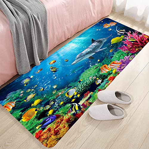 LYFANS Bath Rugs Sponge Foam Absorbent Soft for Bathroom and Kitchen (47x18 inches),Flannel Mat Non Slip Bright 3D Print for Bedside and Living Room(Dolphin Coral Fish School) - color: Dolphin Coral Fish School, size: 47x 18 inches