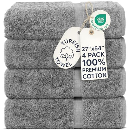 Chakir Turkish Linens 4 Piece Bath Towel Set, 100% Cotton Luxury Turkish Towels for Bathroom, Soft Absorbent Bath Towels, 27 x 54 Inches, Gray - color: Gray