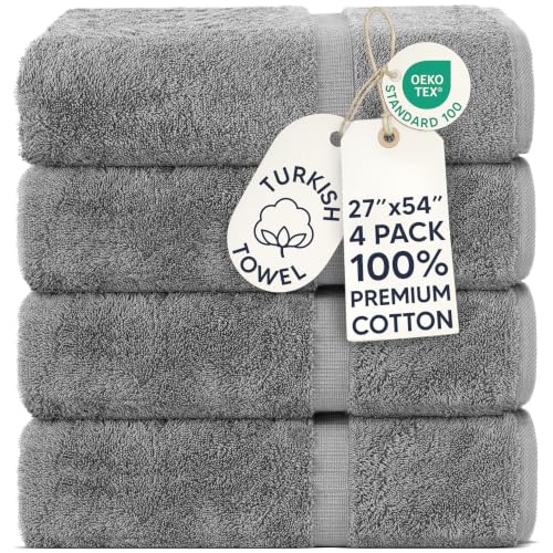 Chakir Turkish Linens 4 Piece Bath Towel Set, 100% Cotton Luxury Turkish Towels for Bathroom, Soft Absorbent Bath Towels, 27 x 54 Inches, Gray - color: Gray
