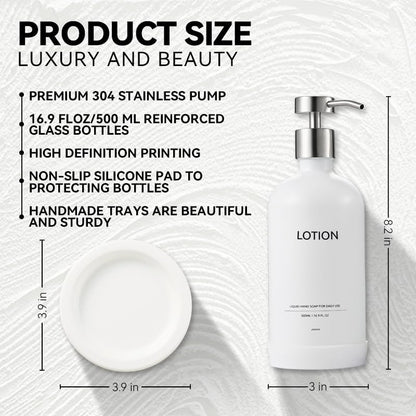 Glass Soap Dispenser Bathroom Set by Janxin, Foaming Kitchen soap Dispenser with Ceramic Tray for Dish Soap, Liquid Soap Dispenser for Hand Soap, Lotion, Body Wash (White+Silver) - color: White Silver L