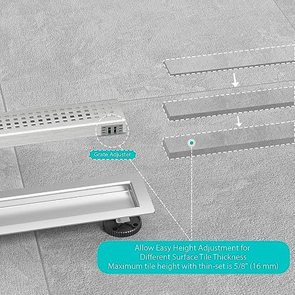 24 inch Linear Shower Drain with Square Hole Pattern Grate Cover | Brushed 304 Stainless Steel Bonding Flange Linear Drain, Low Profile Linear Shower Drain with Hair Strainer - color: 24 in, size: Quadrato Pattern