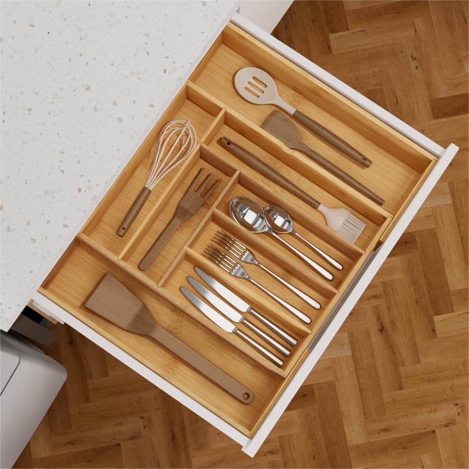 BAMEOS 3.9inch Tall Bamboo Drawer Organizer, Expandable Utensil Holder with 8 Compartments, Adjustable Kitchen Drawer Divider for Flatware, Silverware and Gadgets, Deep Storage for Home and Office - size: 3.9''H 22X16