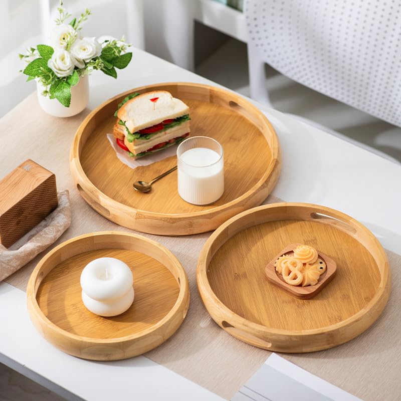 9.8" Round Bamboo Tray with Handles, Wood Serving Tray, Decorative Tray | Wooden Centerpiece Tray for Coffee Table, Kitchen, Living Room, Bedroom - size: 9.8"